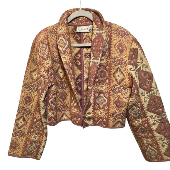 Flashback Jackets & Blazers - Flashback Vintage Southwestern Tapestry Jacket Cropped Woven Cotton Orange L